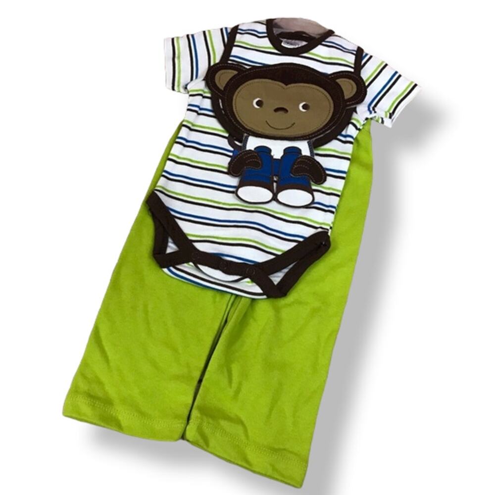 Swiggles Boys Outfit Size 6-9 Mo Monkey 3 Piece Set Bib Green Blue Brown NEW
